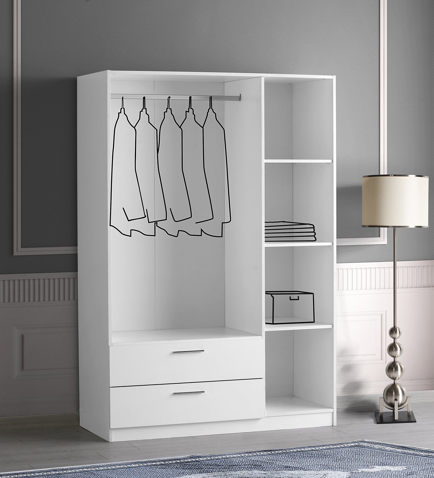 Freestanding Wardrobe Cabinet Matte White 3-Door with Outside 2-Drawer