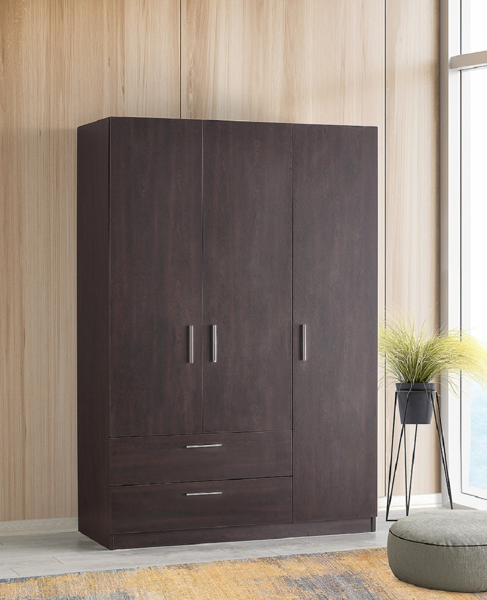 Freestanding Wardrobe Cabinet Matte Wenge 3-Door with Outside 2-Drawer