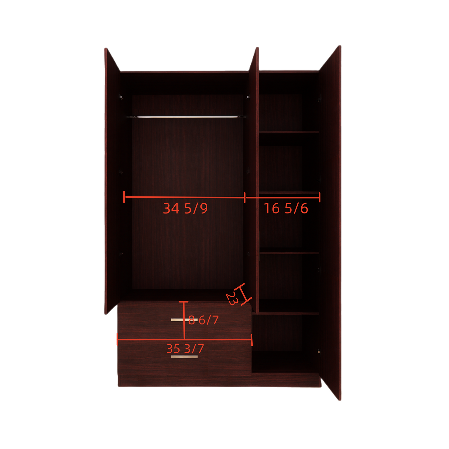 Freestanding Wardrobe Cabinet Matte Wenge 3-Door with Outside 2-Drawer