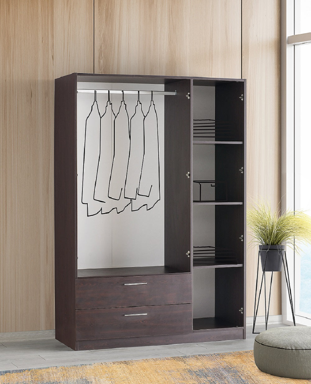 Freestanding Wardrobe Cabinet Matte Wenge 3-Door with Outside 2-Drawer