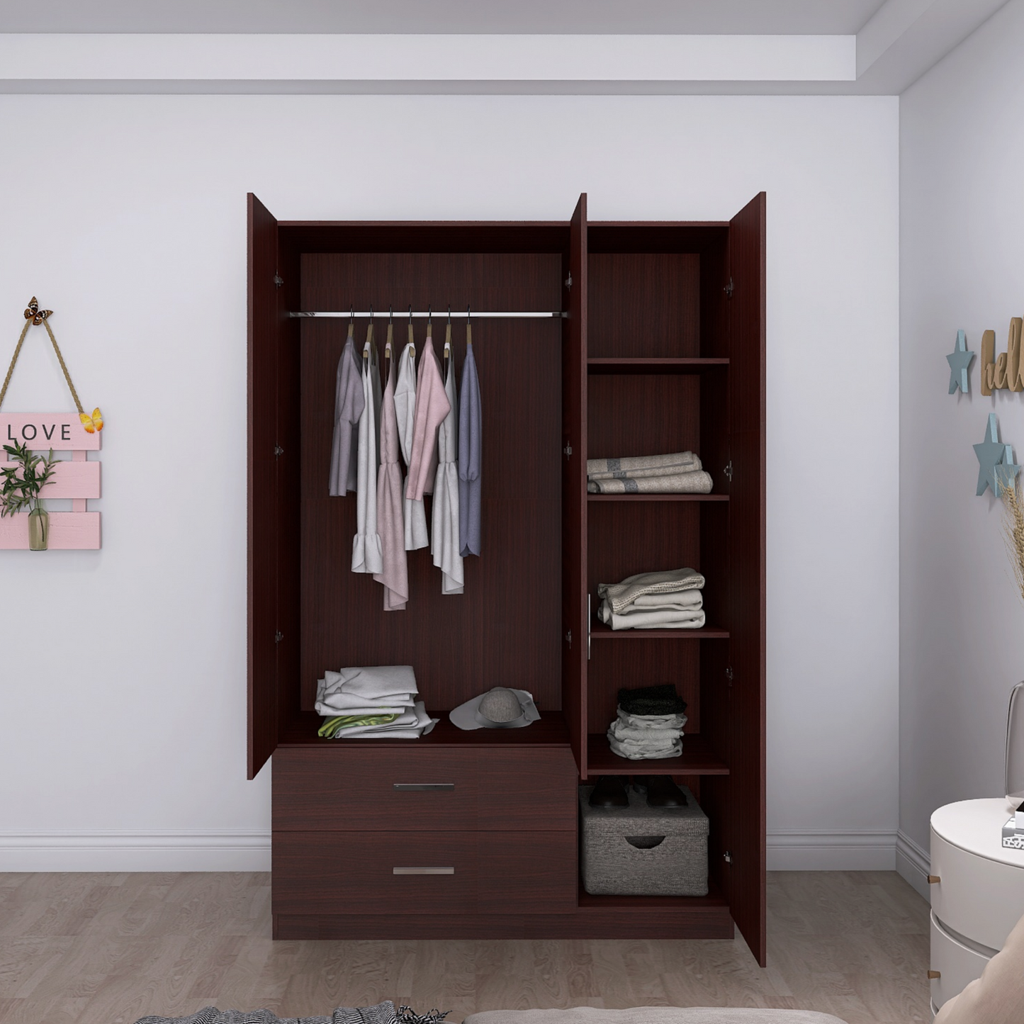 Freestanding Wardrobe Cabinet Matte Wenge 3-Door with Outside 2-Drawer