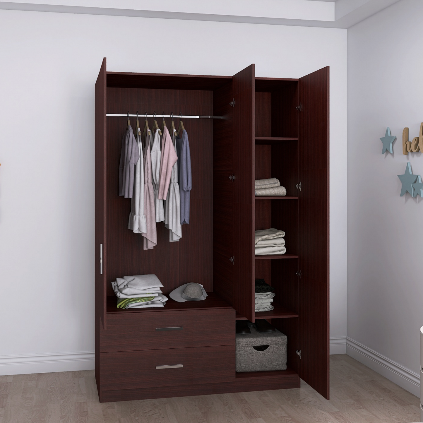 Freestanding Wardrobe Cabinet Matte Wenge 3-Door with Outside 2-Drawer