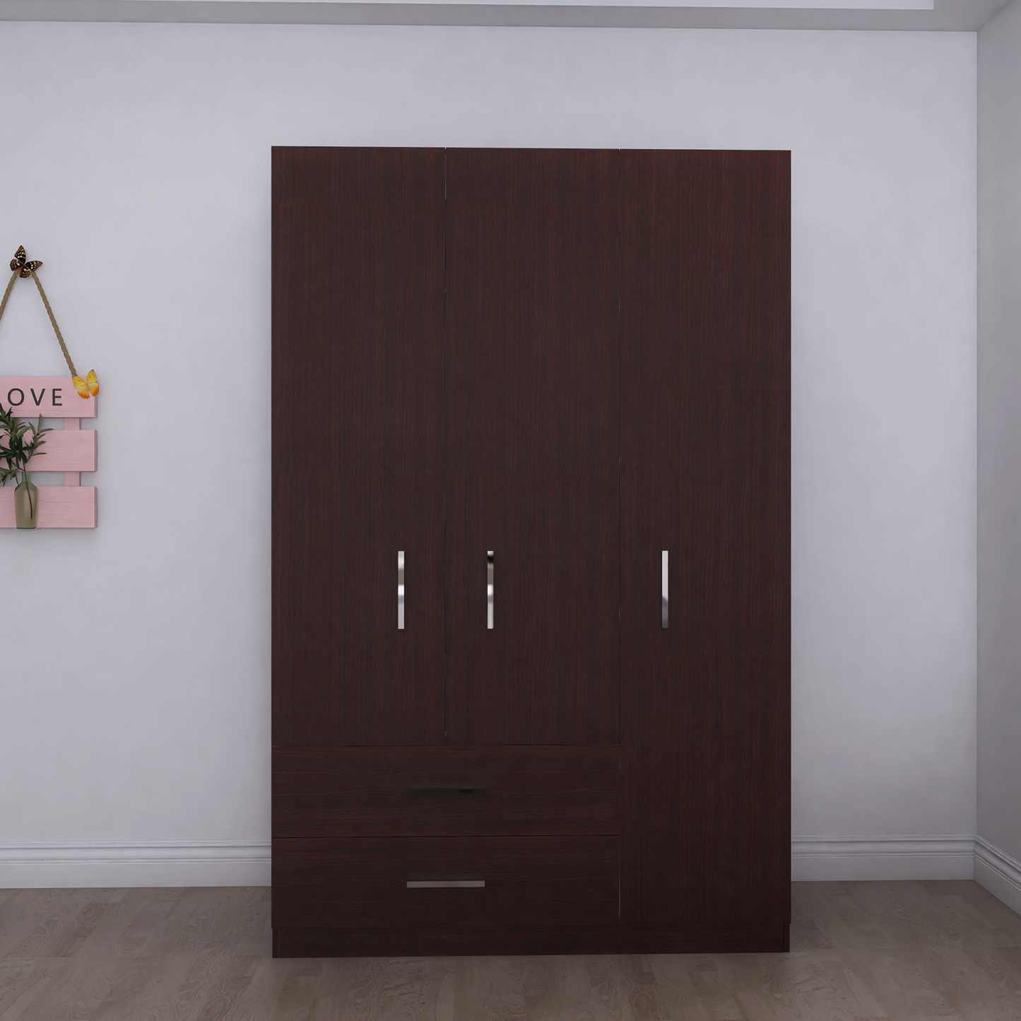 Freestanding Wardrobe Cabinet Matte Wenge 3-Door with Outside 2-Drawer