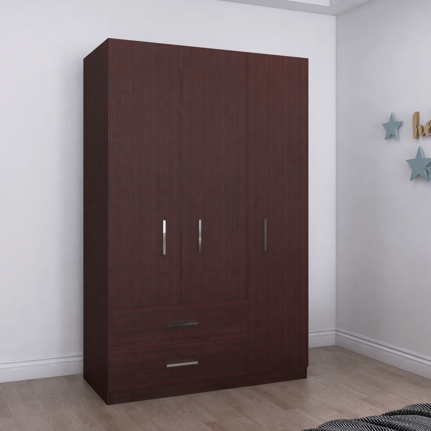 Freestanding Wardrobe Cabinet Matte Wenge 3-Door with Outside 2-Drawer