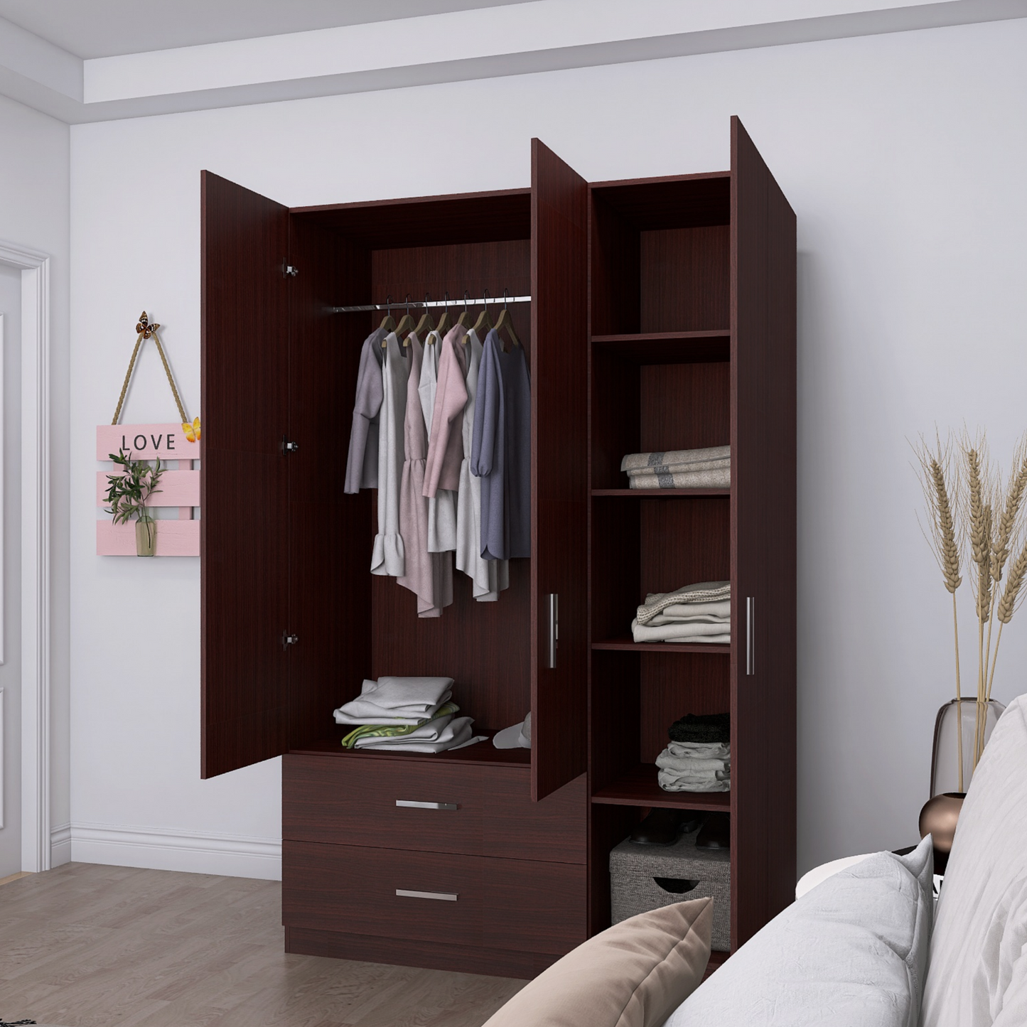 Freestanding Wardrobe Cabinet Matte Wenge 3-Door with Outside 2-Drawer