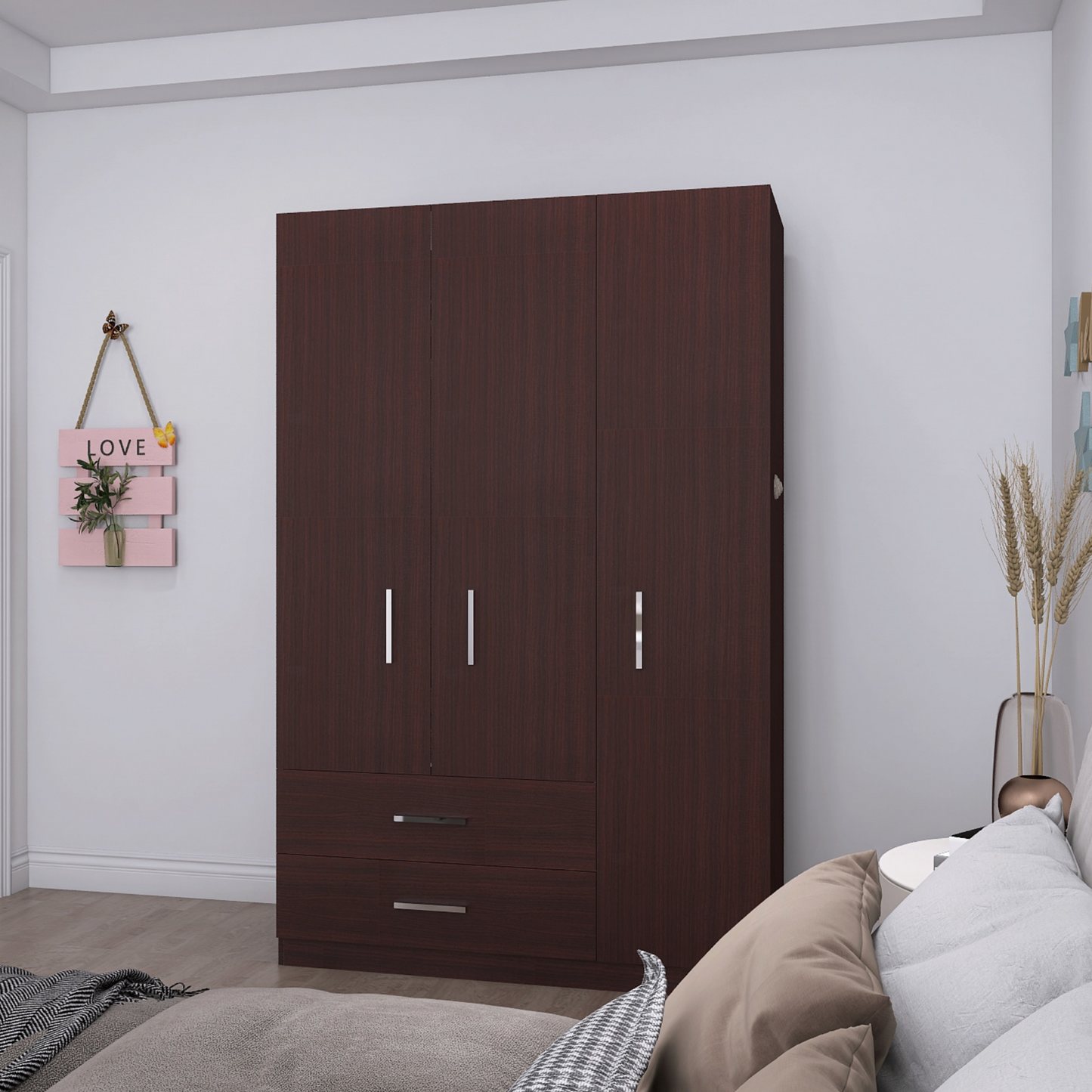 Freestanding Wardrobe Cabinet Matte Wenge 3-Door with Outside 2-Drawer