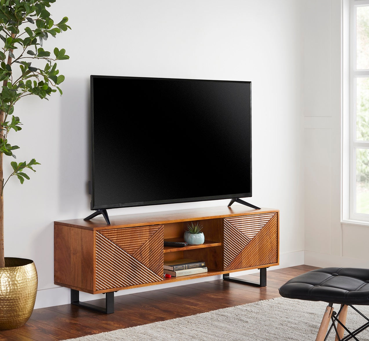 Linear Hardwood TV Stand with Storage for TV up to 63 inches