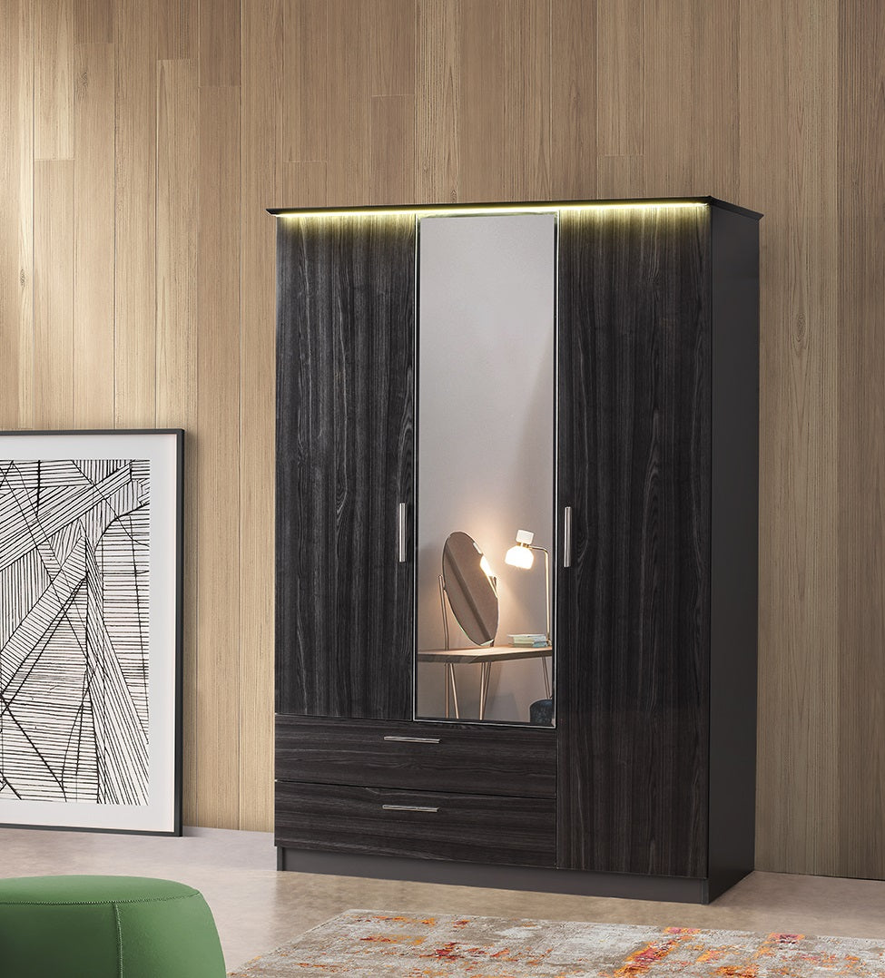 LED Freestanding Wardrobe Cabinet Mirrored Metallic Grey 3-Door with Inside 2-Drawer