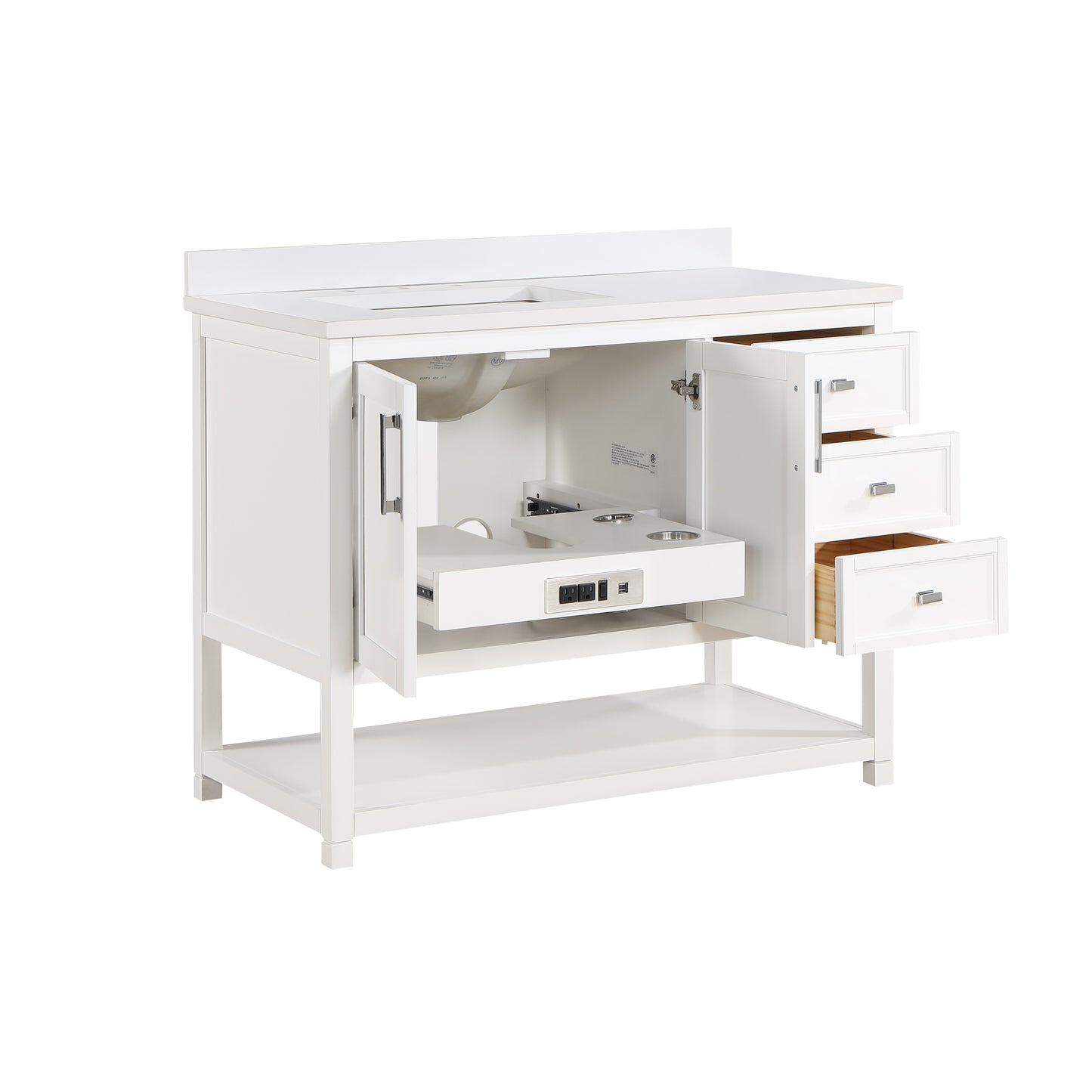 42 inch Wood Single Sink White Vanity with Countertop, Sink, and Power Bar