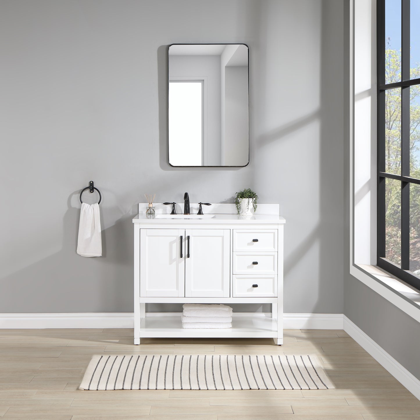 42 inch Wood Single Sink White Vanity with Countertop, Sink, and Power Bar