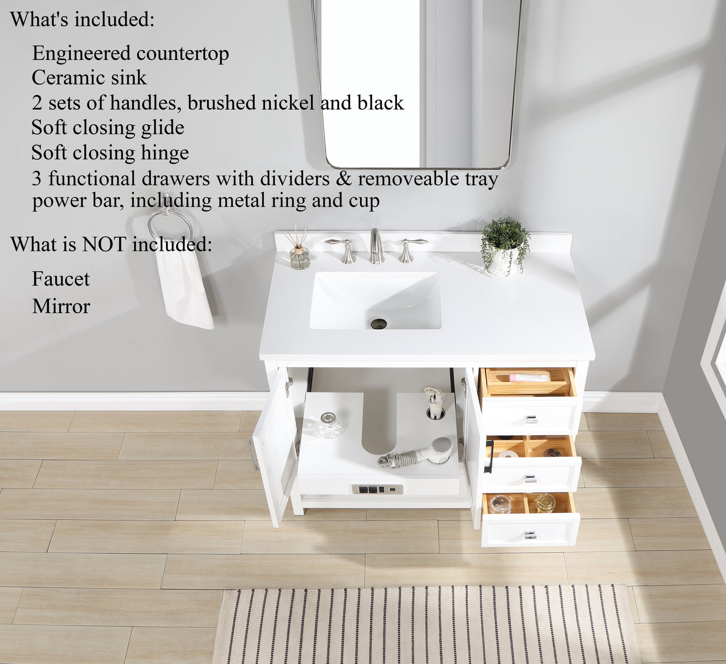 42 inch Wood Single Sink White Vanity with Countertop, Sink, and Power Bar
