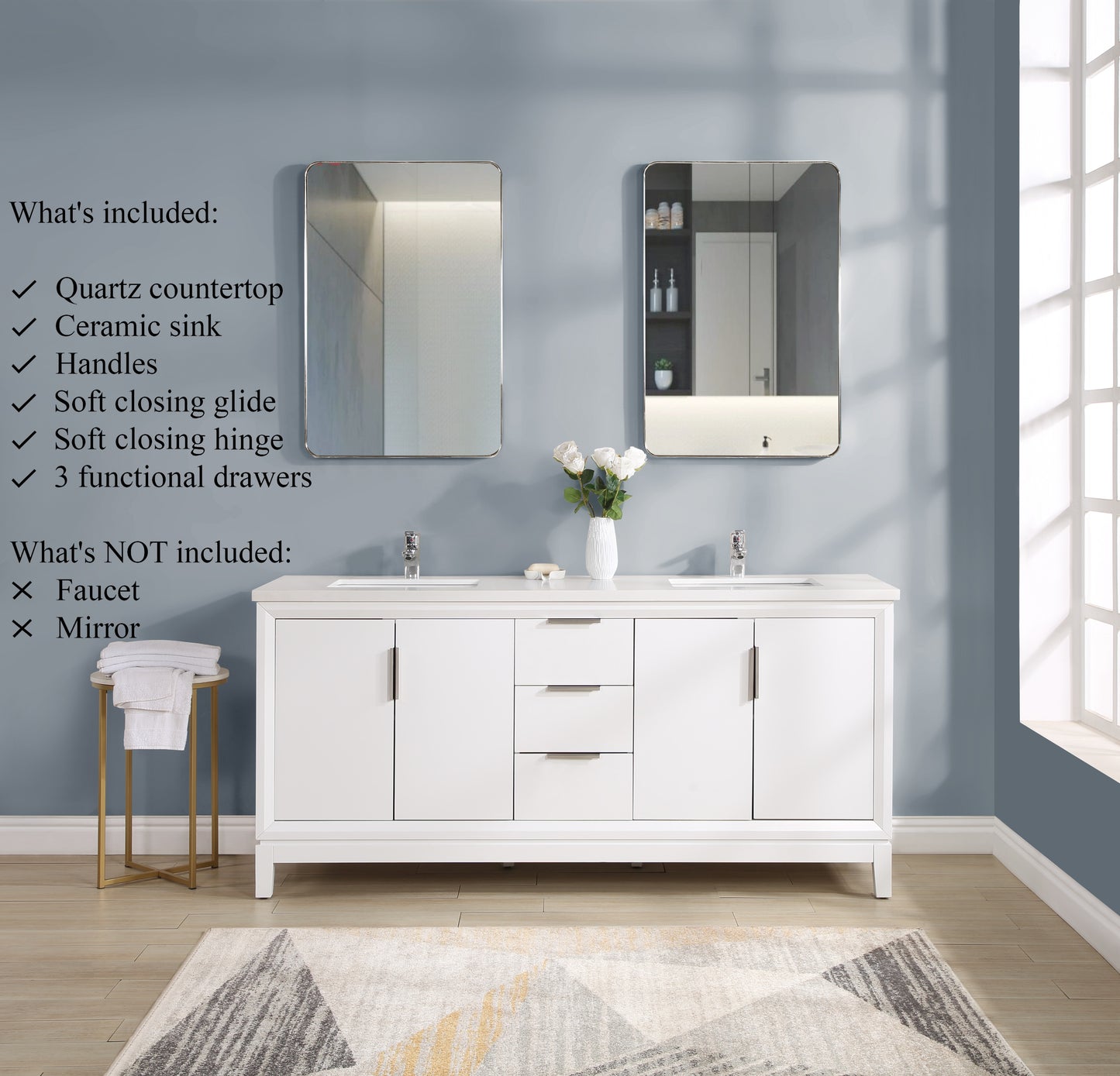 72 inch Solid Wood Double Sink Free-Standing Vanity with Quartz Countertop and Ceramic Sink in White