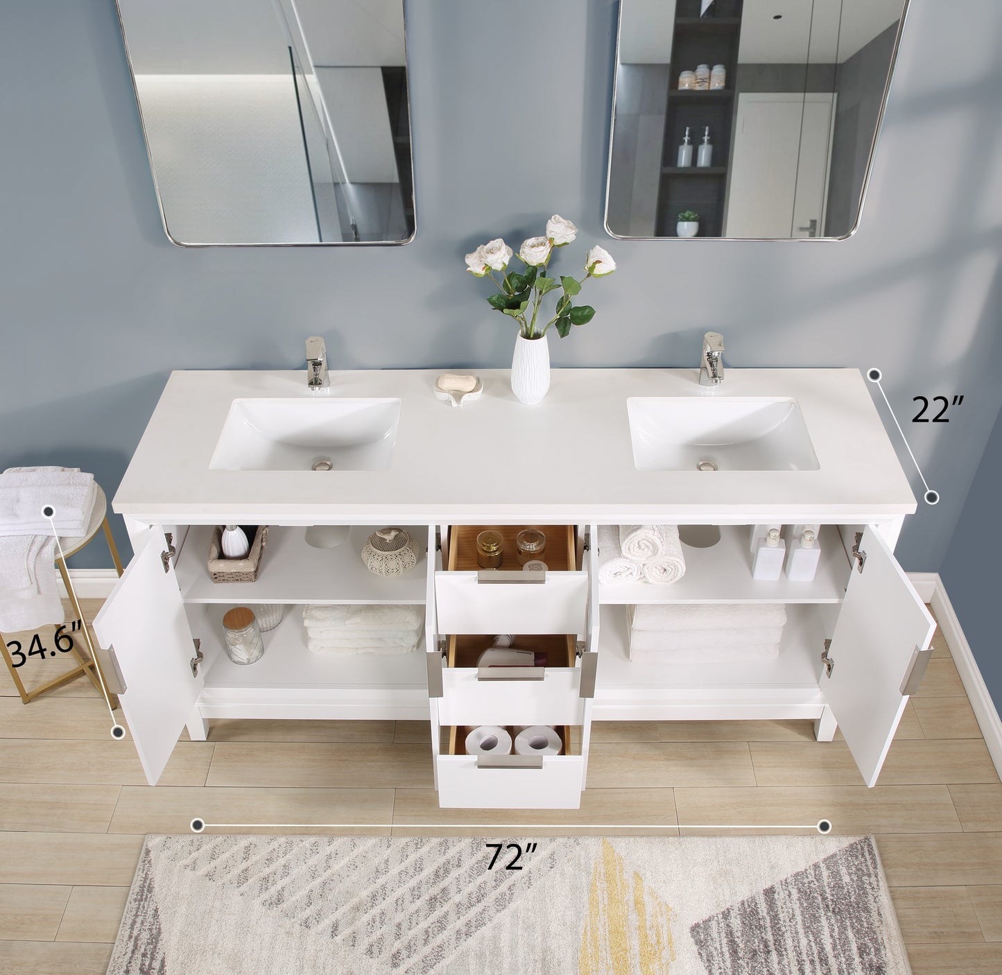 72 inch Solid Wood Double Sink Free-Standing Vanity with Quartz Countertop and Ceramic Sink in White