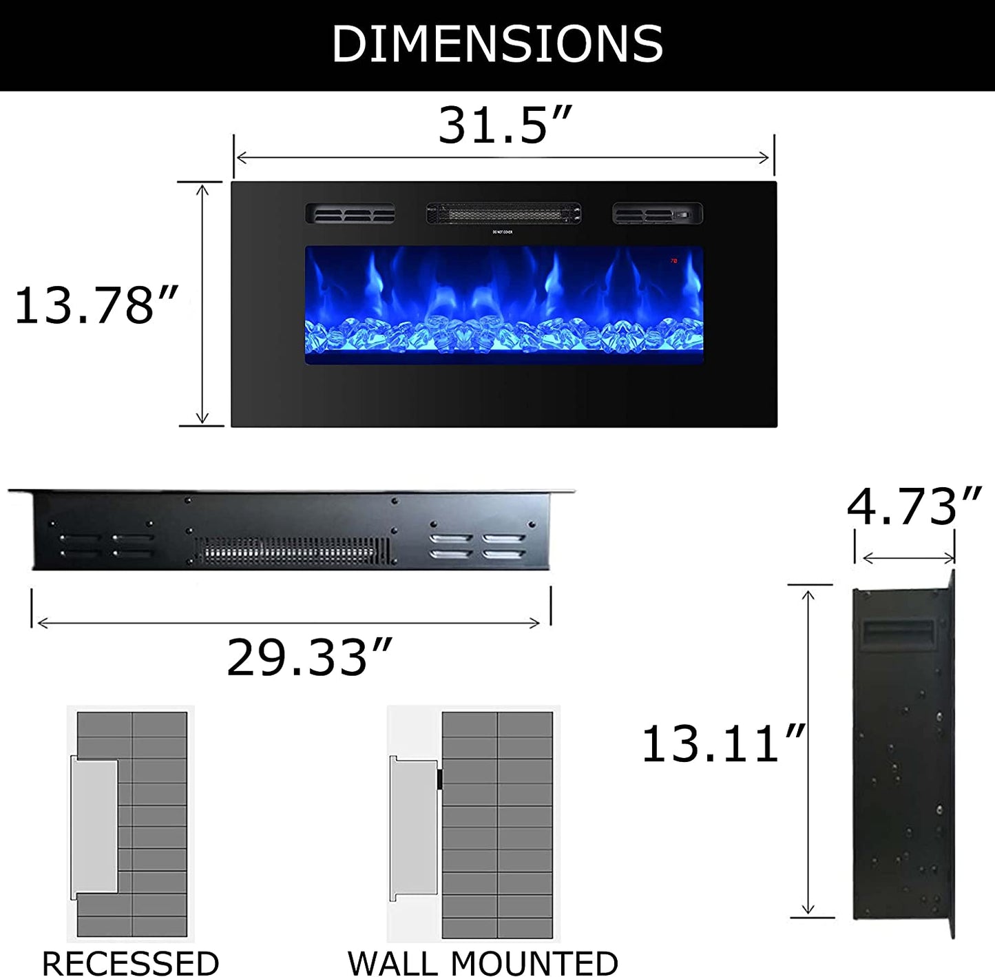 32 Inch Electric Fireplace Insert Recessed and Wall Mounted