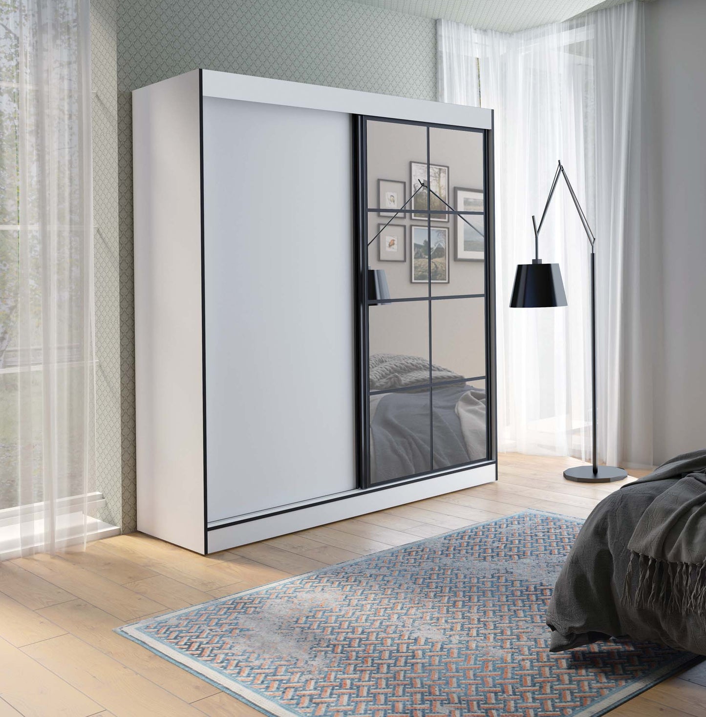 Brooklyn Sliding 2 Door Modern Bedroom Armoire Wardrobe Closet with Full Length Mirror